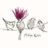 Anna Wright Midlife Crisis greetings card featuring a group of illustrated garden birds, one with a rebellious hairstyle, on premium FSC-certified card.