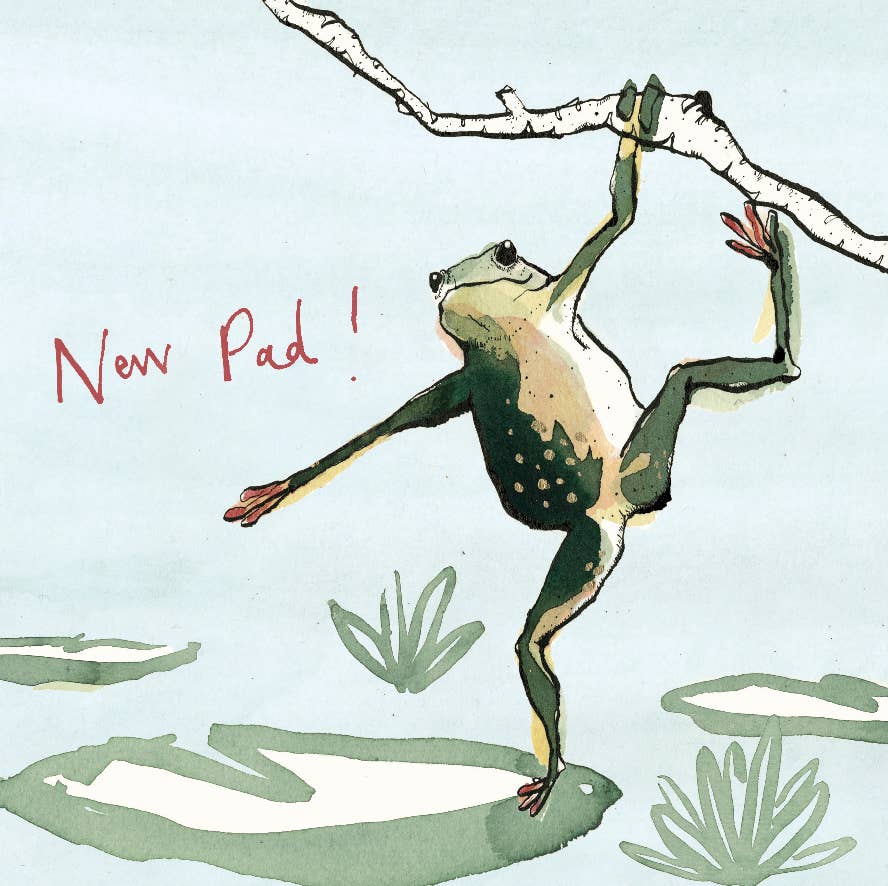 Anna Wright New Pad Frog new home greeting card featuring a charming frog moving to a new lily pad with the handwritten message "New Pad!" on premium FSC®-certified card.