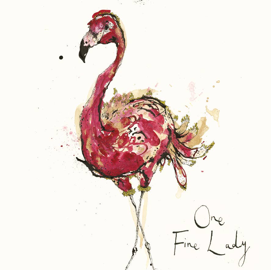 Anna Wright One Fine Lady greeting card featuring an elegant pink flamingo with hand-lettered text on premium FSC-certified card.