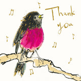 Anna Wright Pink Robin Thank You greeting card featuring a cheerful pink robin with gold foil detailing and the handwritten message "Thank You" on premium heavyweight card.