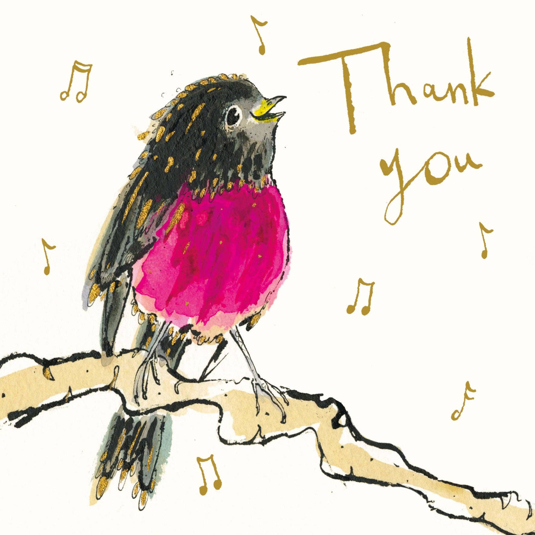 Anna Wright Pink Robin Thank You greeting card featuring a cheerful pink robin with gold foil detailing and the handwritten message "Thank You" on premium heavyweight card.