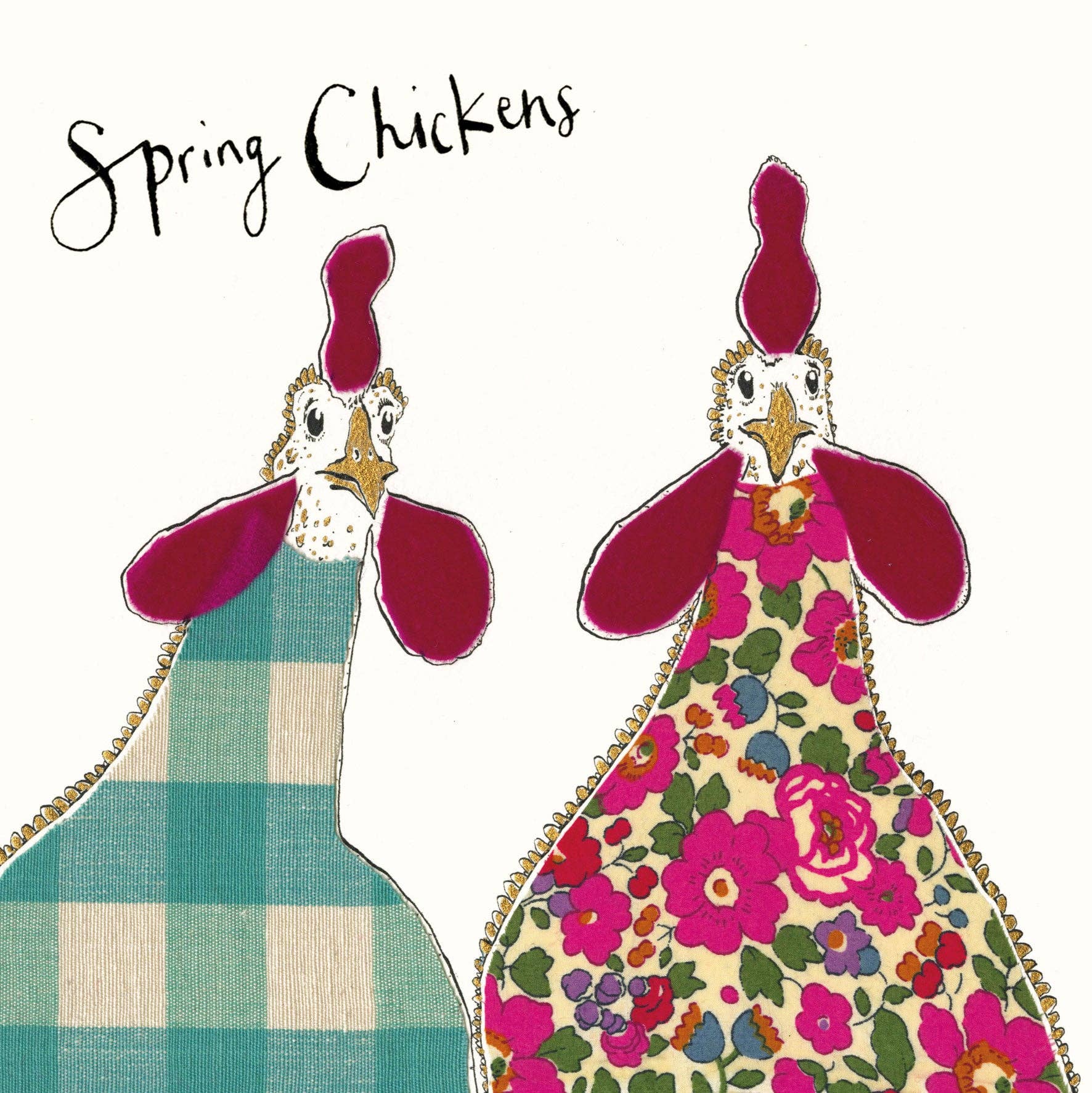 Anna Wright Spring Chickens greeting card featuring two illustrated chickens with hand-lettered text on premium FSC-certified card.