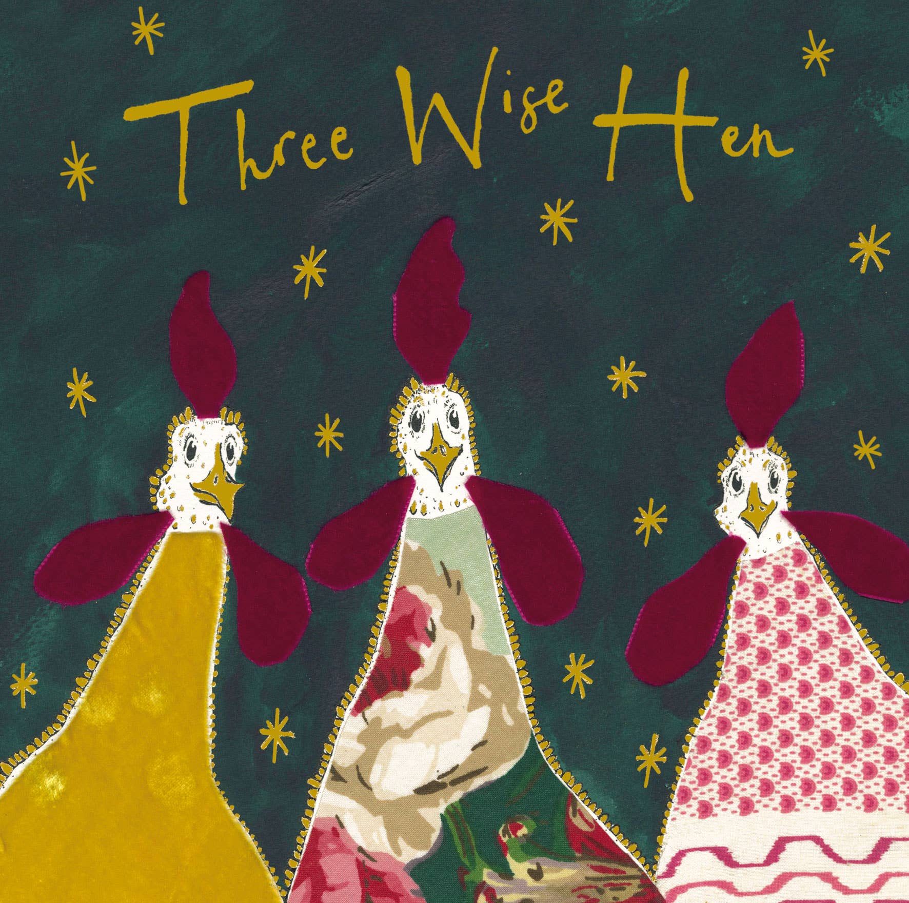 Anna Wright Three Wise Hen Christmas card featuring three illustrated hens with gold foil detailing and handwritten festive text.
