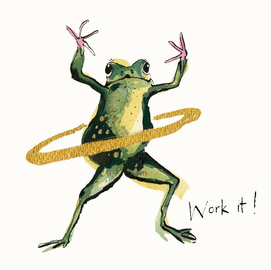 Anna Wright Work It Frog greeting card featuring a playful hula hooping frog with the handwritten message "Work It!" on premium FSC®-certified card.