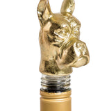 Antique gold dog head bottle stopper for wine and spirit bottles, designed as a decorative home bar accessory.