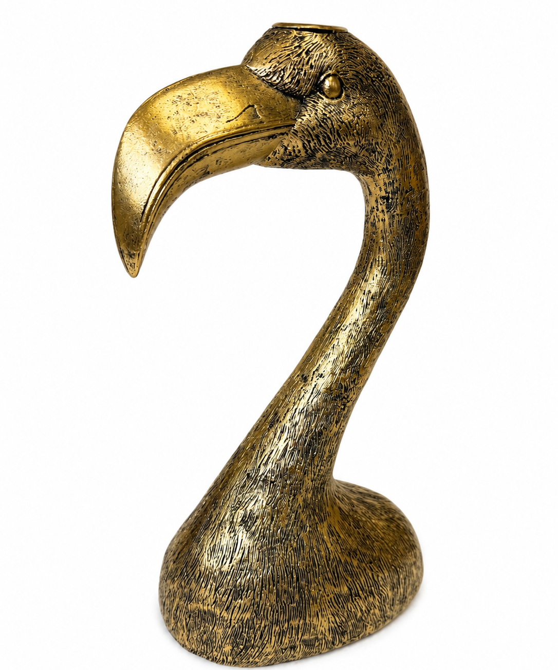 Antique gold metal flamingo head candle holder by McGowan &amp; Rutherford for styling dining tables, mantelpieces and contemporary interiors.