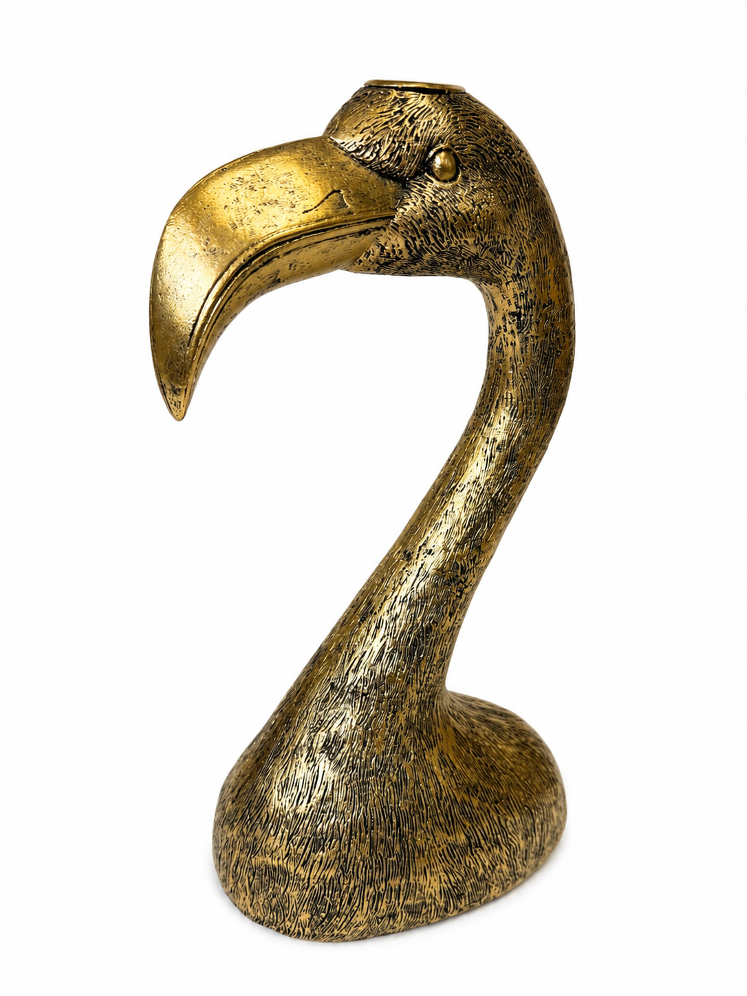 Antique gold metal flamingo head candle holder by McGowan &amp; Rutherford for styling dining tables, mantelpieces and contemporary interiors.
