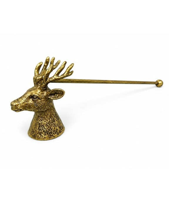 Antique gold stag candle snuffer with an ornate stag handle, designed for extinguishing candles safely while adding decorative style to the home.