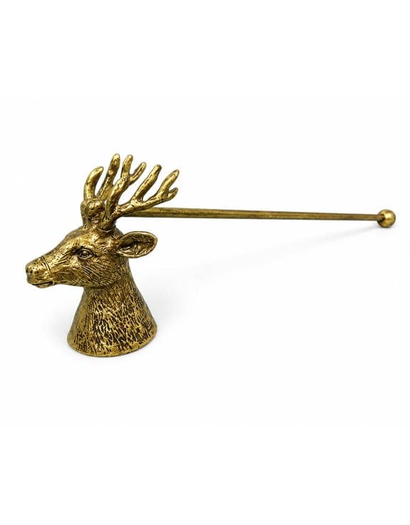 Antique gold stag candle snuffer with an ornate stag handle, designed for extinguishing candles safely while adding decorative style to the home.