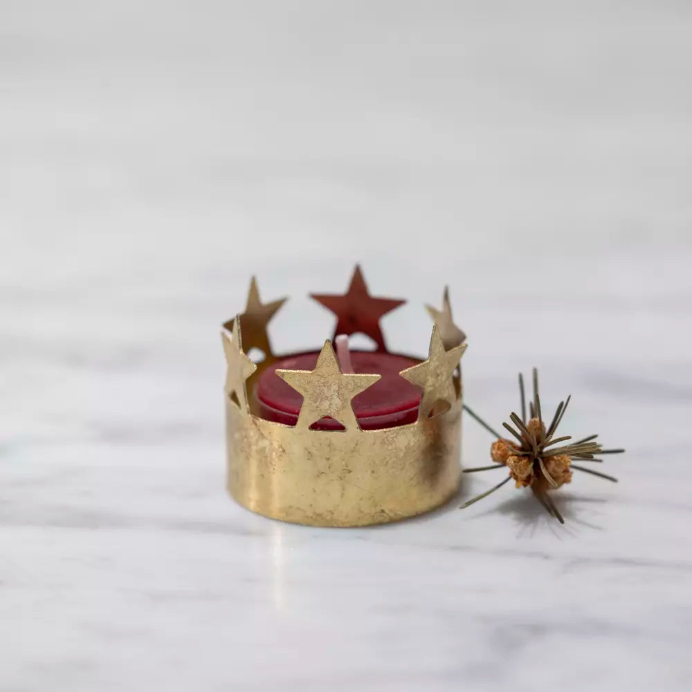 Antique gold tealight votive candle holder with decorative star crown detail