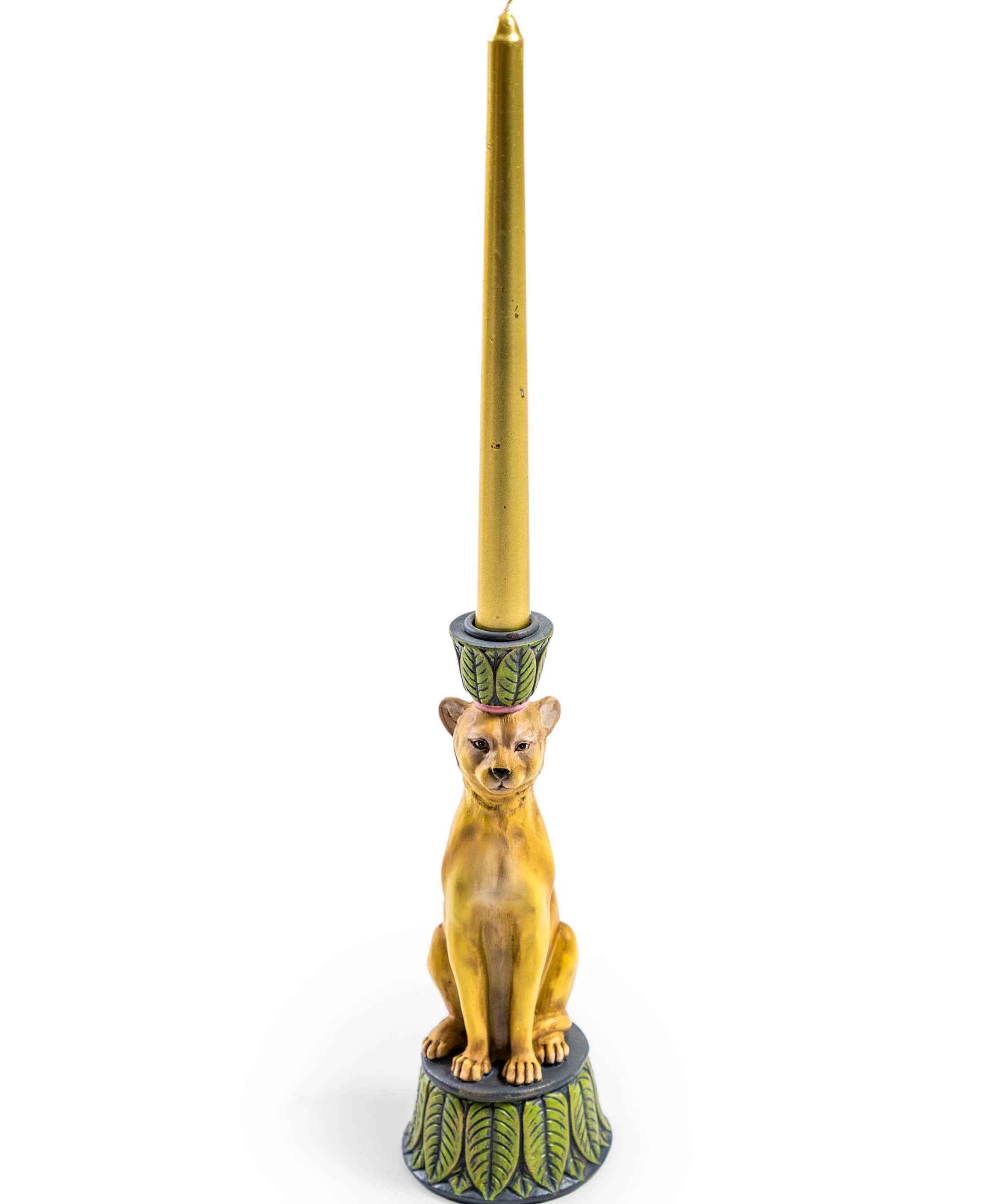Antique-style resin leopard candlestick designed to hold a standard taper candle, perfect for decorative home styling.