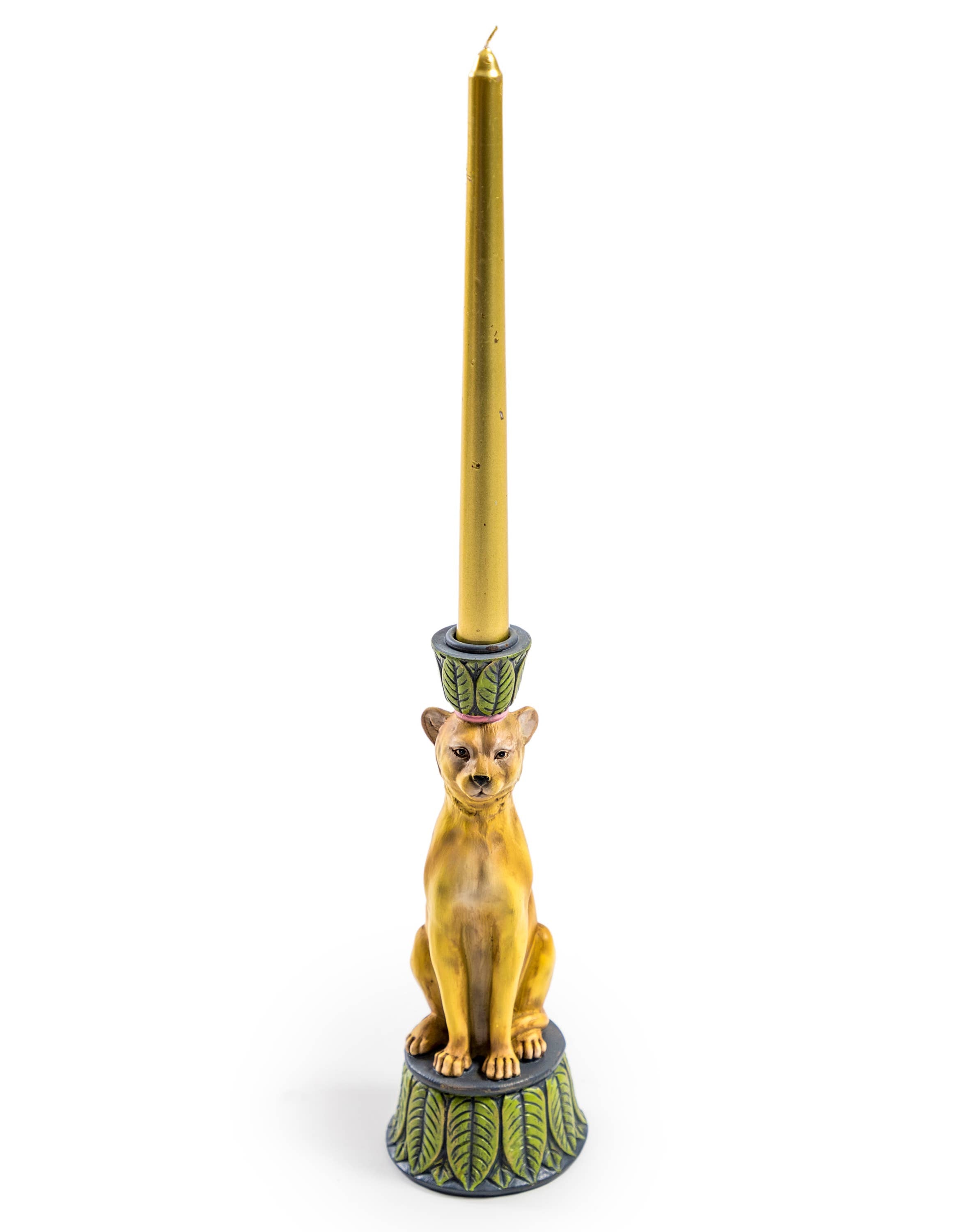 Antique-style resin leopard candlestick designed to hold a standard taper candle, perfect for decorative home styling.