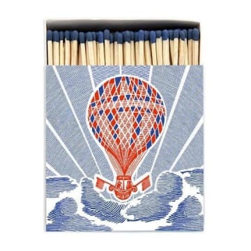 Archivist Balloon luxury matchbox featuring an illustrated hot air balloon with 125 extra-long matches for lighting candles and fireplaces.