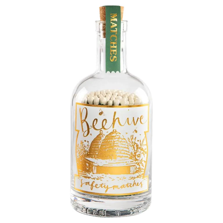 Archivist Beehive Safety Match Bottle with a gold foil beehive label, reusable glass bottle and 150 colourful safety matches for candles and fireplaces.