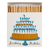 Archivist Birthday Matches luxury square matchbox featuring Charlotte Farmer's illustrated four-tier birthday cake with blue candles and 125 safety matches.