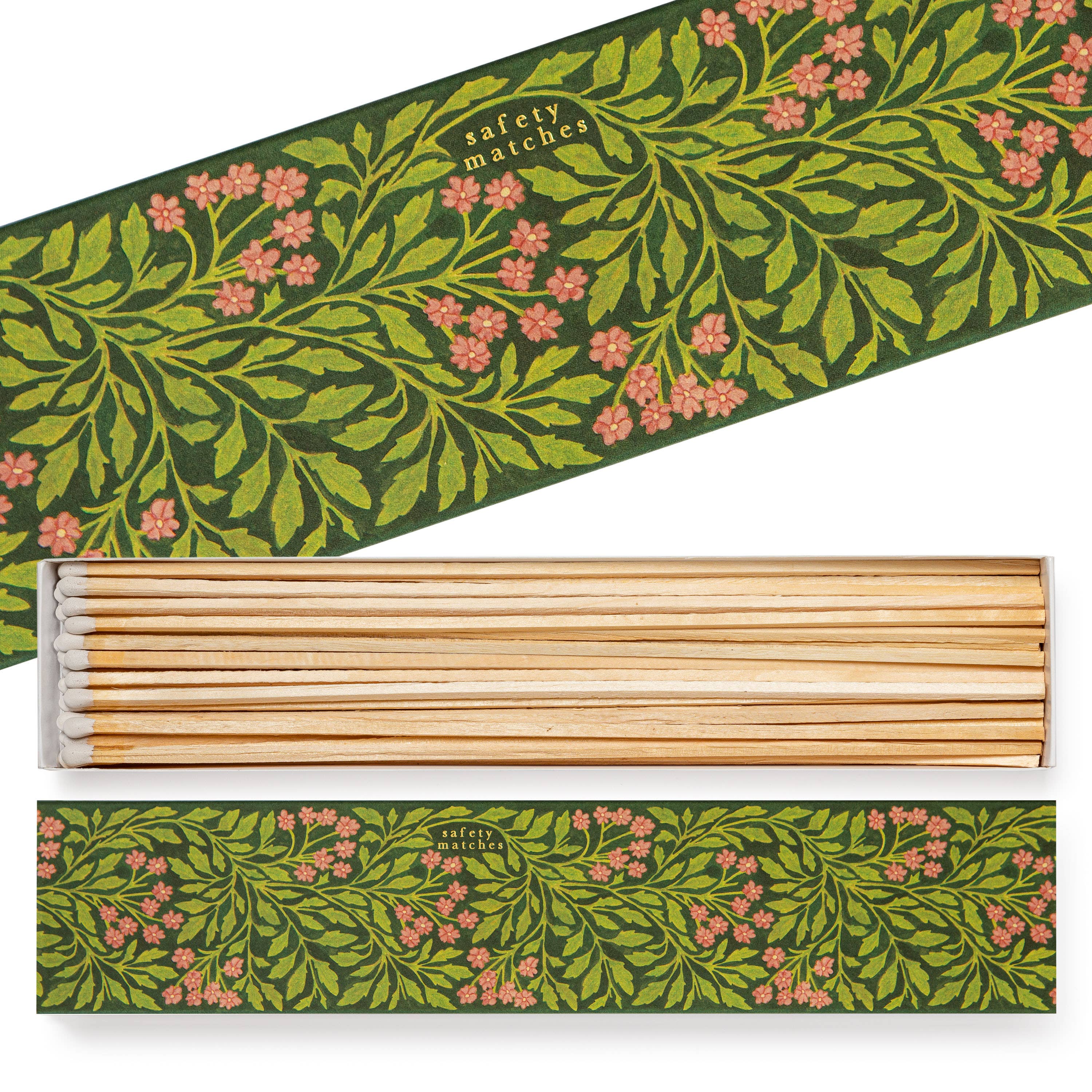 Archivist Green Flora luxury long matchbox featuring a vibrant botanical floral illustration with extra-long safety matches for candles and fireplaces.