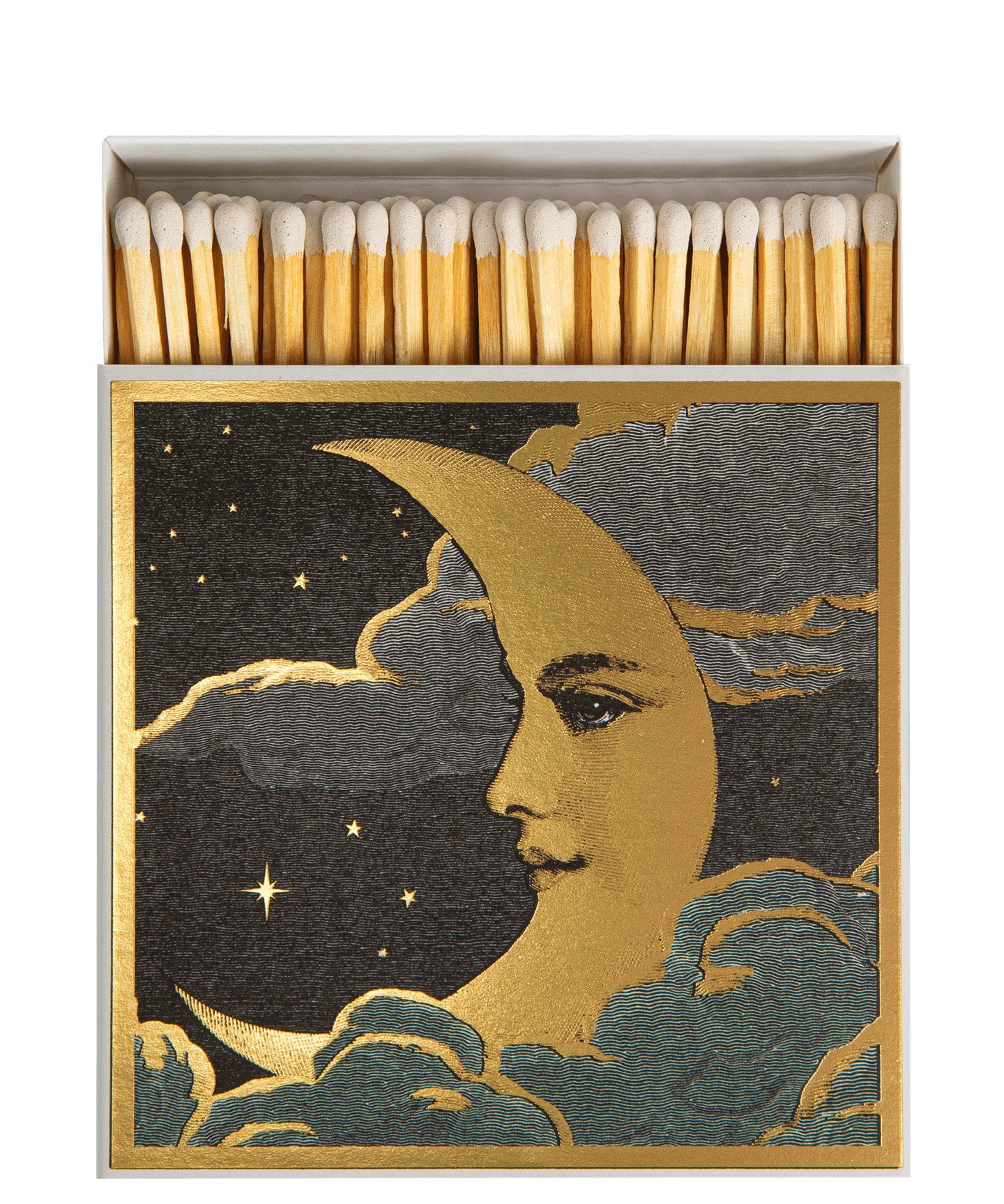 Luxury Moon matchbox by Chase & Wonder featuring a gold foil moon set against a dark night sky and containing 125 matches.