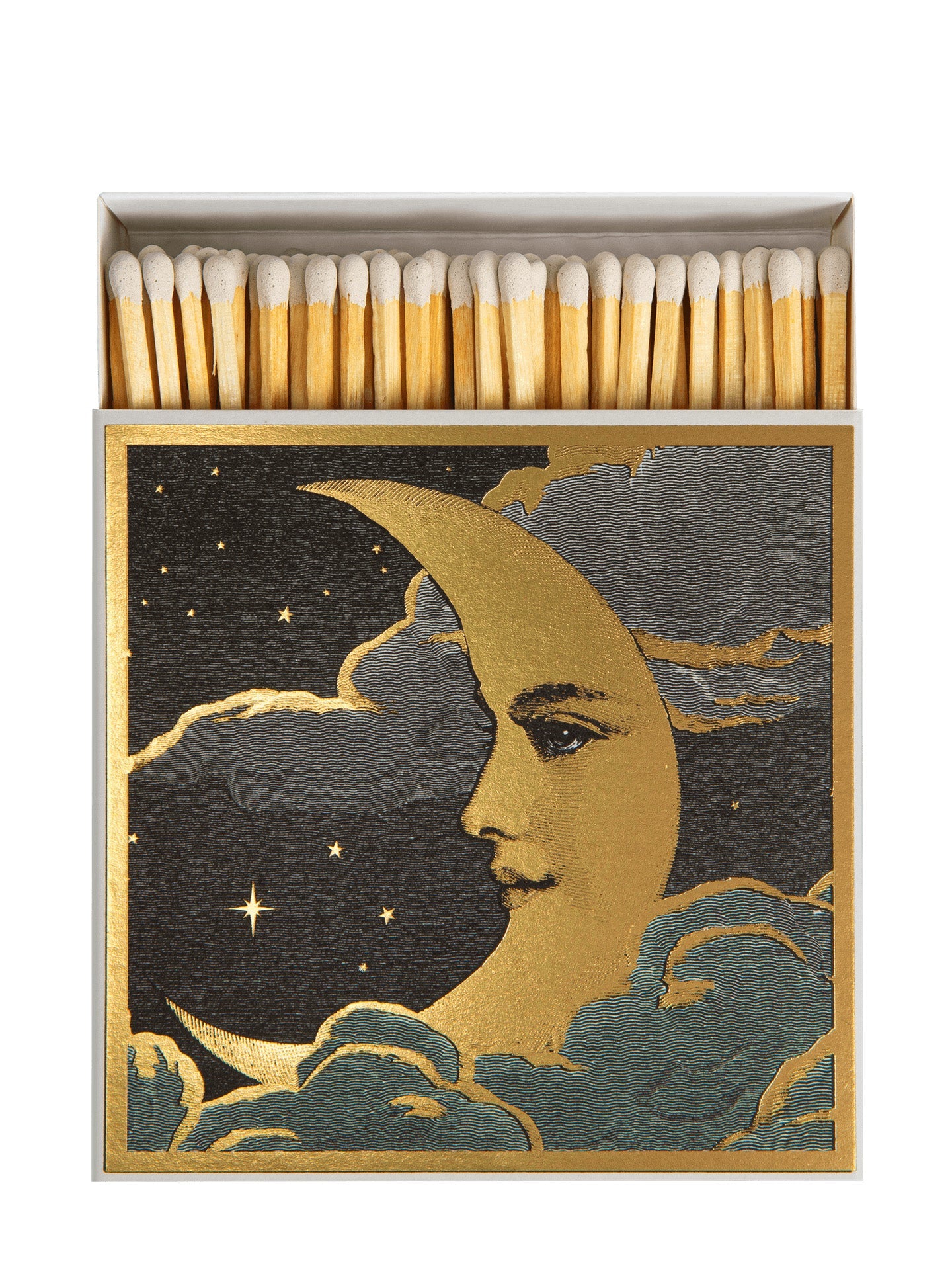 Luxury Moon matchbox by Chase & Wonder featuring a gold foil moon set against a dark night sky and containing 125 matches.