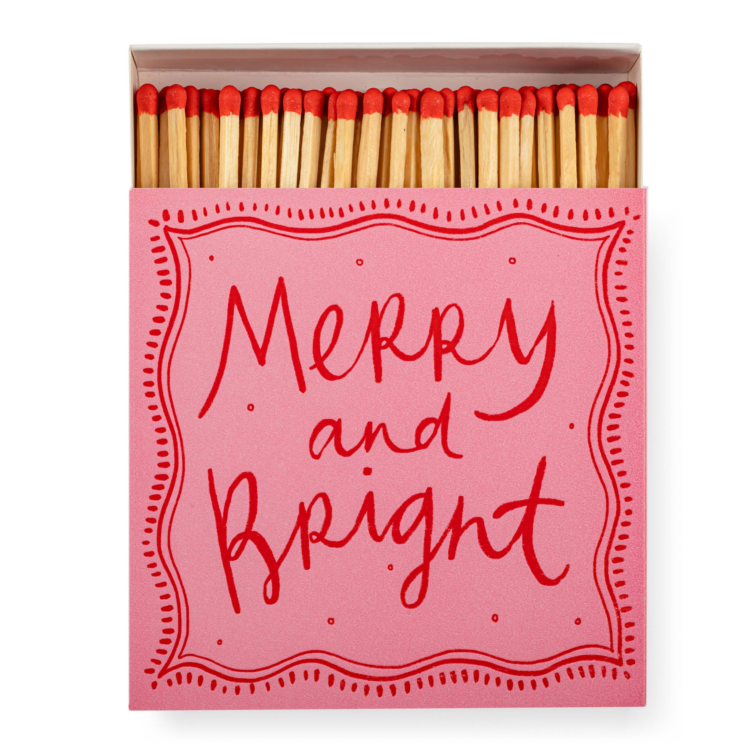 Archivist Merry & Bright luxury square matchbox featuring a pink background with festive red lettering and 125 safety matches for candles and fireplaces.