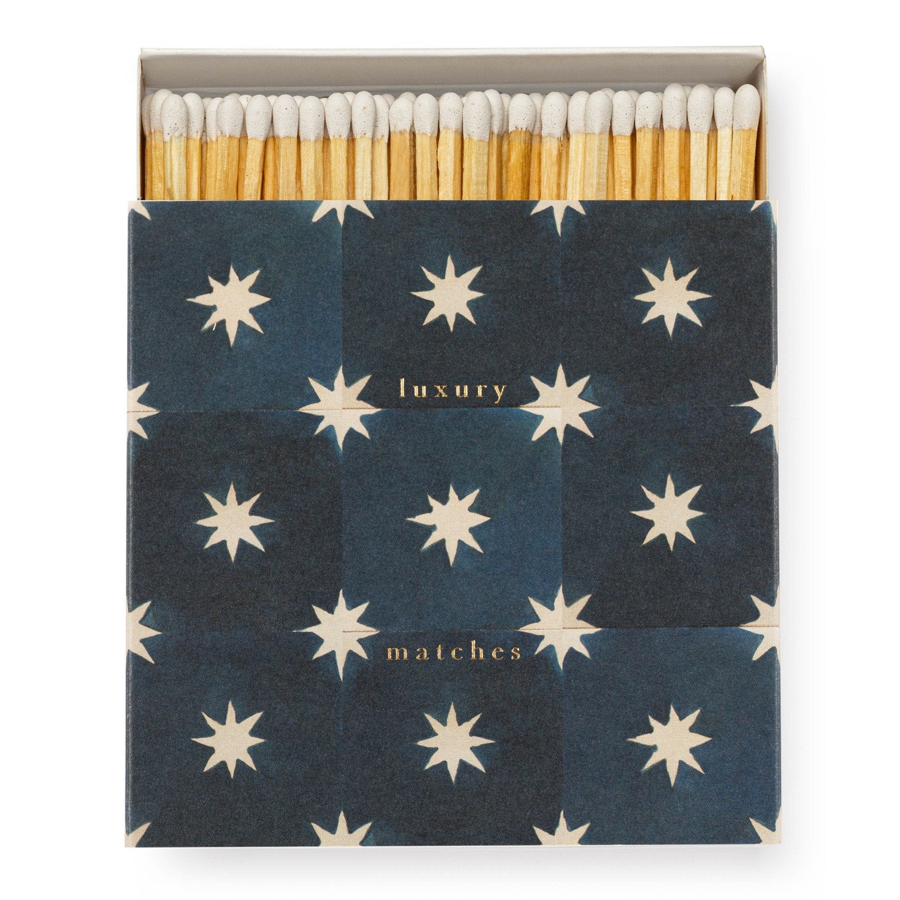 Archivist Navy Star luxury matchbox by Wanderlust Paper Co. with gold foil stars on a rich navy background