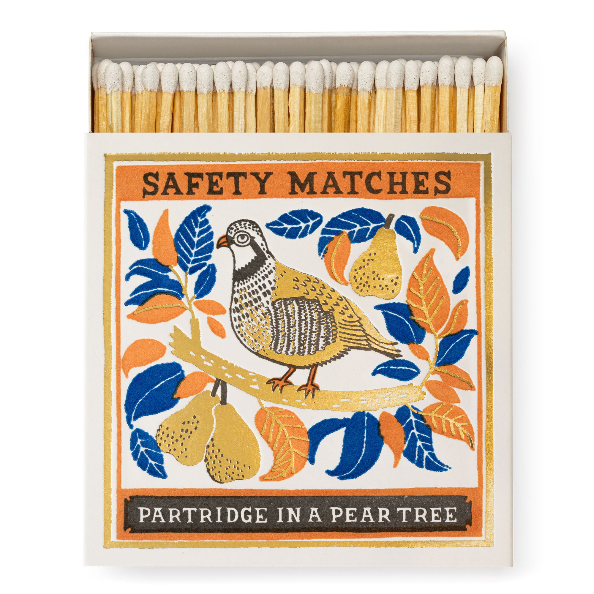 Archivist Partridge in a Pear Tree luxury matchbox with gold foil detailing and 125 extra-long safety matches for festive candles and fireplaces.