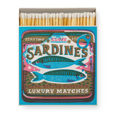 Archivist Sardine luxury square matchbox featuring a colourful illustrated sardine design with extra-long matches for candles and fireplaces.