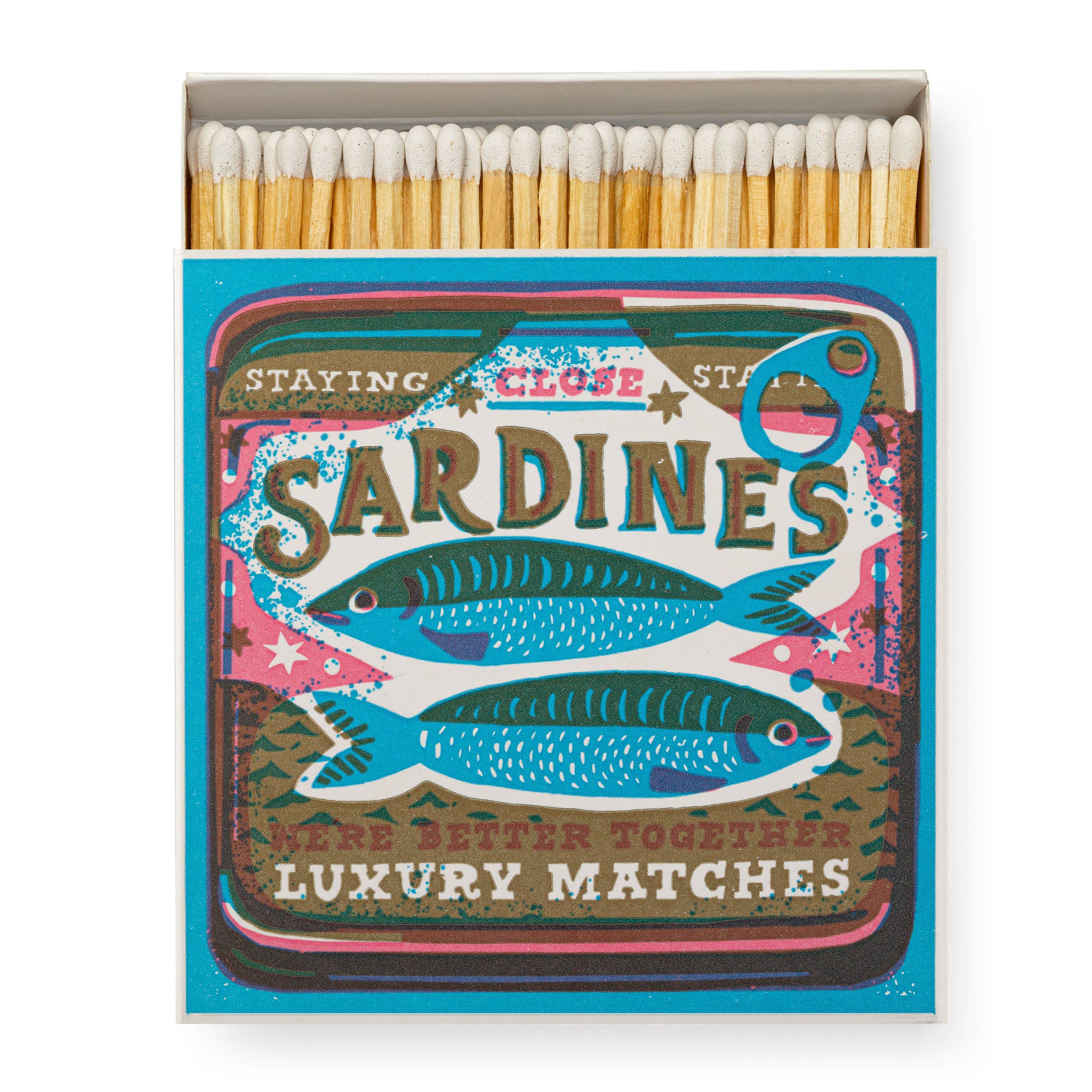 Archivist Sardine luxury square matchbox featuring a colourful illustrated sardine design with extra-long matches for candles and fireplaces.