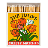 Archivist The Tulips luxury square matchbox featuring colourful tulips on a bright yellow background with 125 extra-long safety matches.