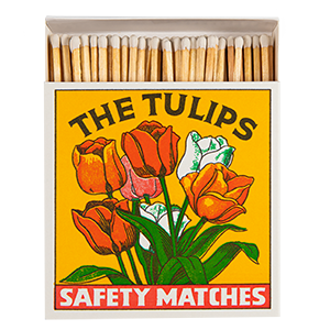 Archivist The Tulips luxury square matchbox featuring colourful tulips on a bright yellow background with 125 extra-long safety matches.