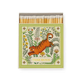 Archivist Tiger luxury matchbox featuring Ariane Butto's vibrant botanical tiger illustration with 125 extra-long safety matches.