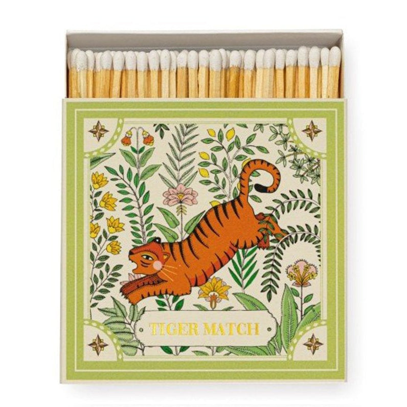 Archivist Tiger luxury matchbox by Ariane Butto with tiger illustration in pink, orange and green botanicals