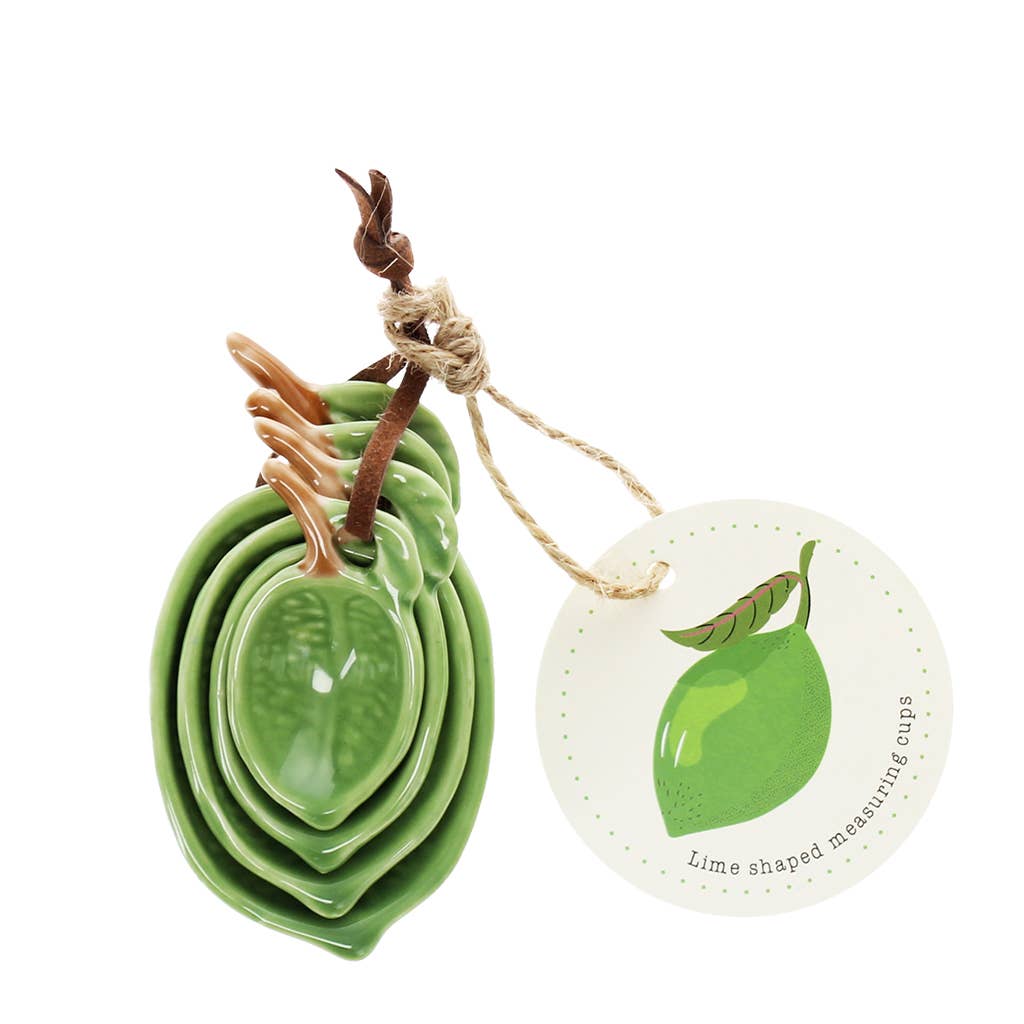 Set of 4 ceramic measuring spoons with delicate lime design, green and brown detailing, stacked together with twine tie for stylish kitchen baking and cooking accessories.