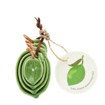 Set of 4 ceramic measuring spoons with delicate lime design, green and brown detailing, stacked together with twine tie for stylish kitchen baking and cooking accessories.