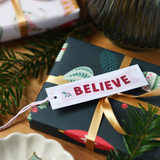 Set of 10 Believe mini Christmas note cards for festive messages, stockings and Christmas gift tags.