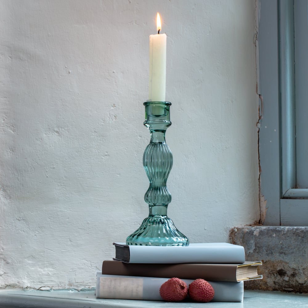 Bella green glass candlestick holder for coloured dinner candles