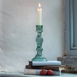 Bella green glass candlestick holder for coloured dinner candles