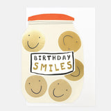 Birthday Smiles card featuring a die-cut jar filled with colourful smiley faces and finished with gold foil detailing.