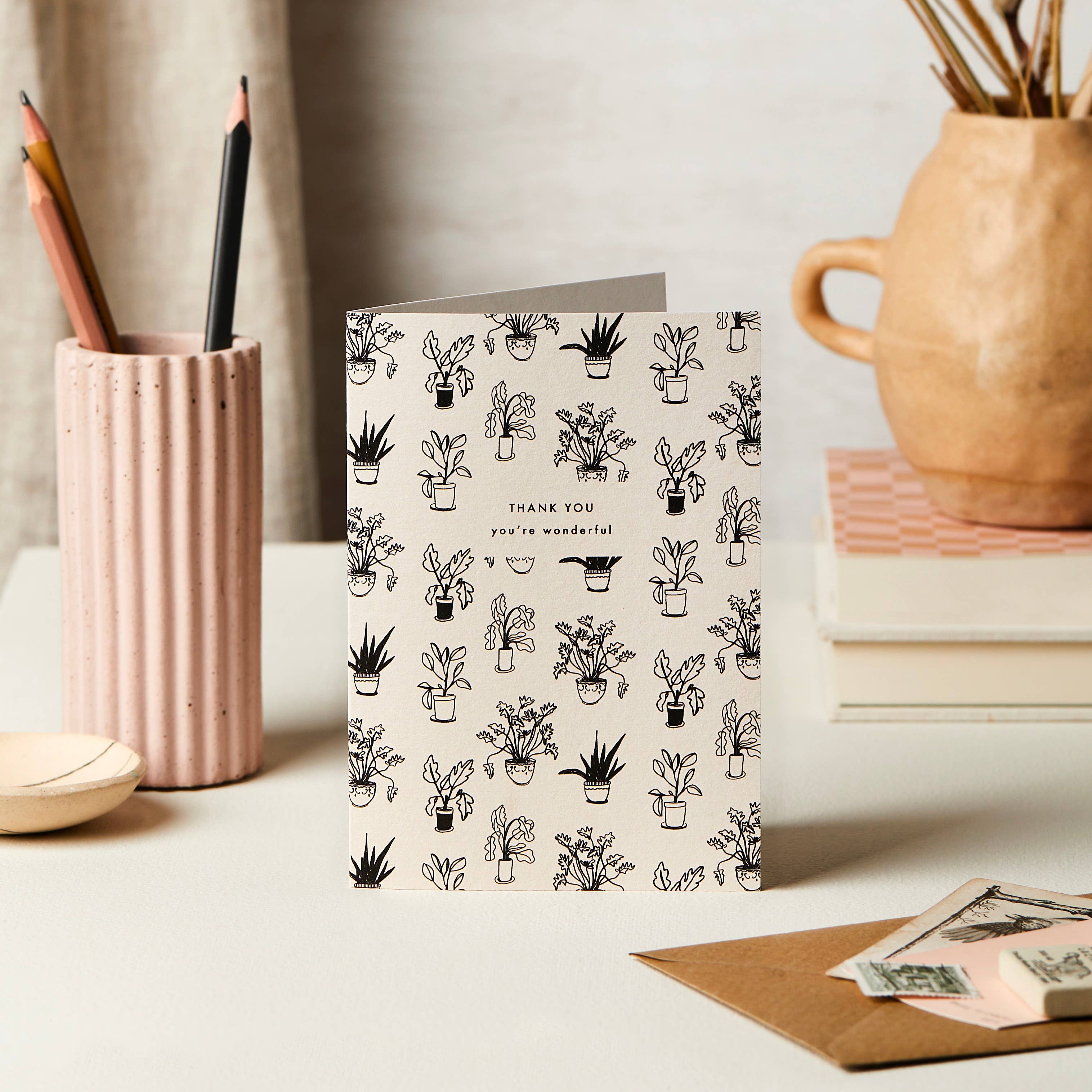 Shop our Black & White Plants Thank You Card, featuring a contemporary botanical illustration. A6 size, FSC certified and sustainably made.