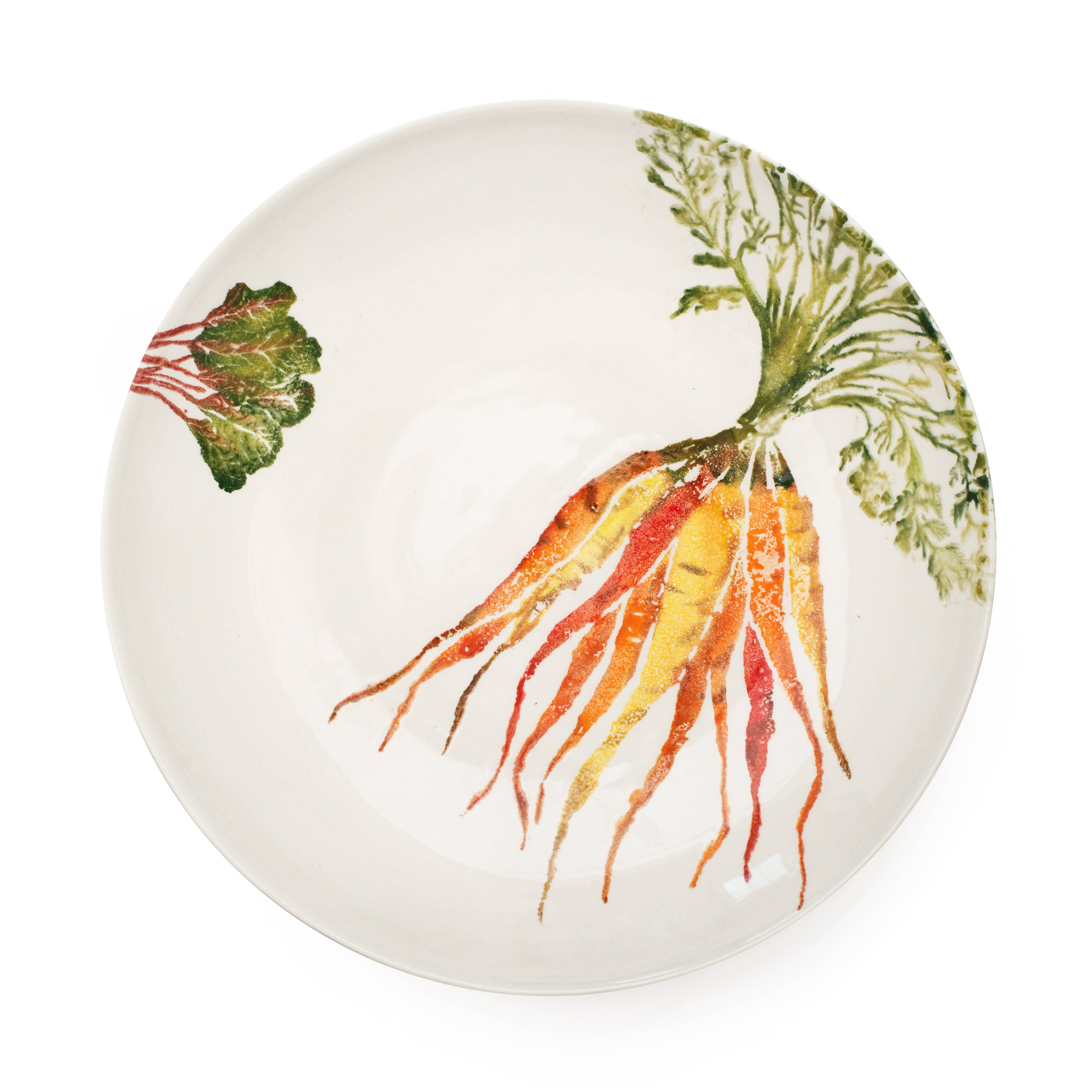 Shop the BlissHome Heritage Carrots Supper Bowl, a handmade large serving dish with hand-applied vegetable artwork and beautiful textured detailing.