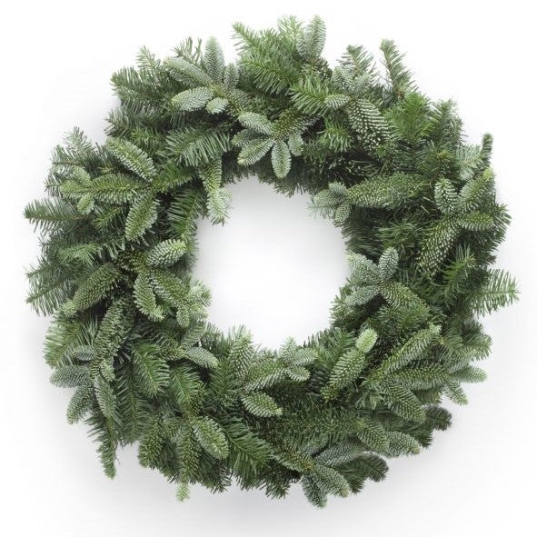 Handmade fresh Blue Spruce Christmas door wreath featuring fragrant silvery-blue spruce and natural pine foliage, handcrafted by Mad Lilies florists.