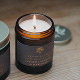 The Botanical Candle Co. French Lavender & Marjoram natural soy candle in a reusable amber glass jar, hand-poured in England with calming herbal fragrance.