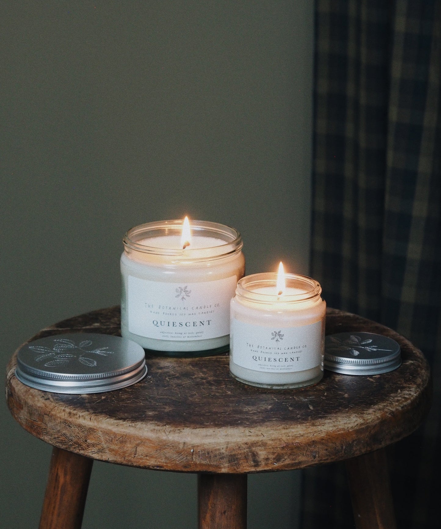 The Botanical Candle Co. Quiescent natural soy candle in a recycled glass jar, hand-poured in Dorset with eucalyptus, lavender and frankincense essential oils.