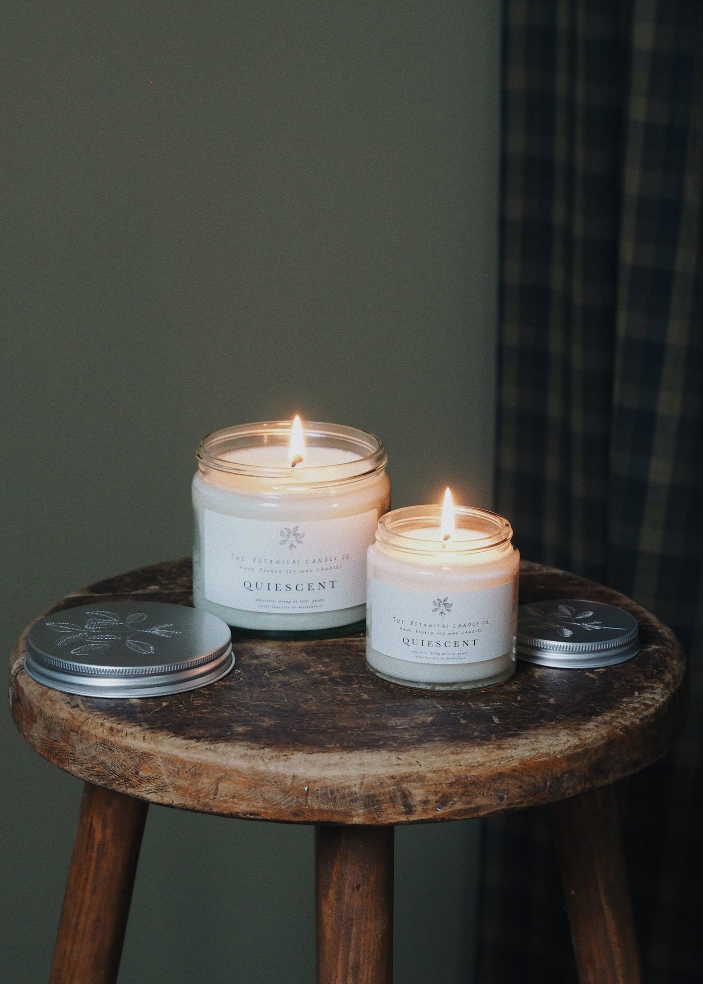 The Botanical Candle Co. Quiescent natural soy candle in a recycled glass jar, hand-poured in Dorset with eucalyptus, lavender and frankincense essential oils.
