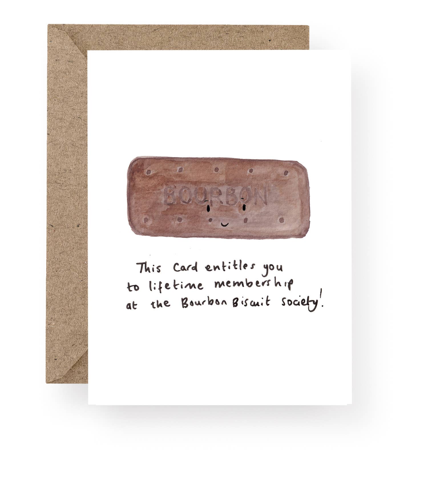 Bourbon Biscuit Society greeting card featuring a classic British Bourbon biscuit design.