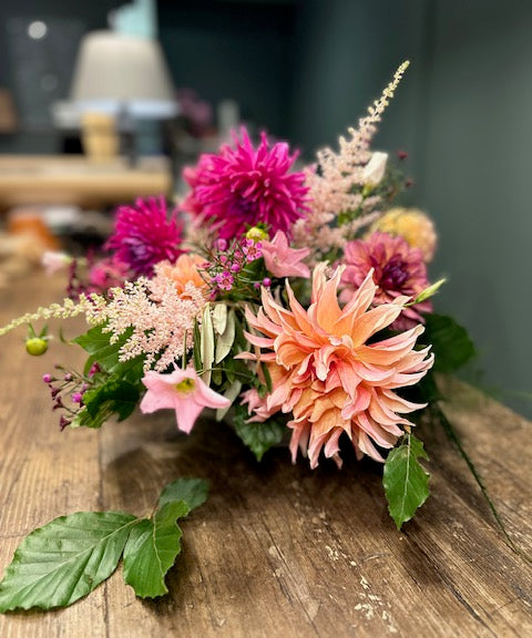 Luxury dahlia floristry workshop at Mad Lilies in Banstead Surrey creating a hand-tied bouquet with British seasonal flowers