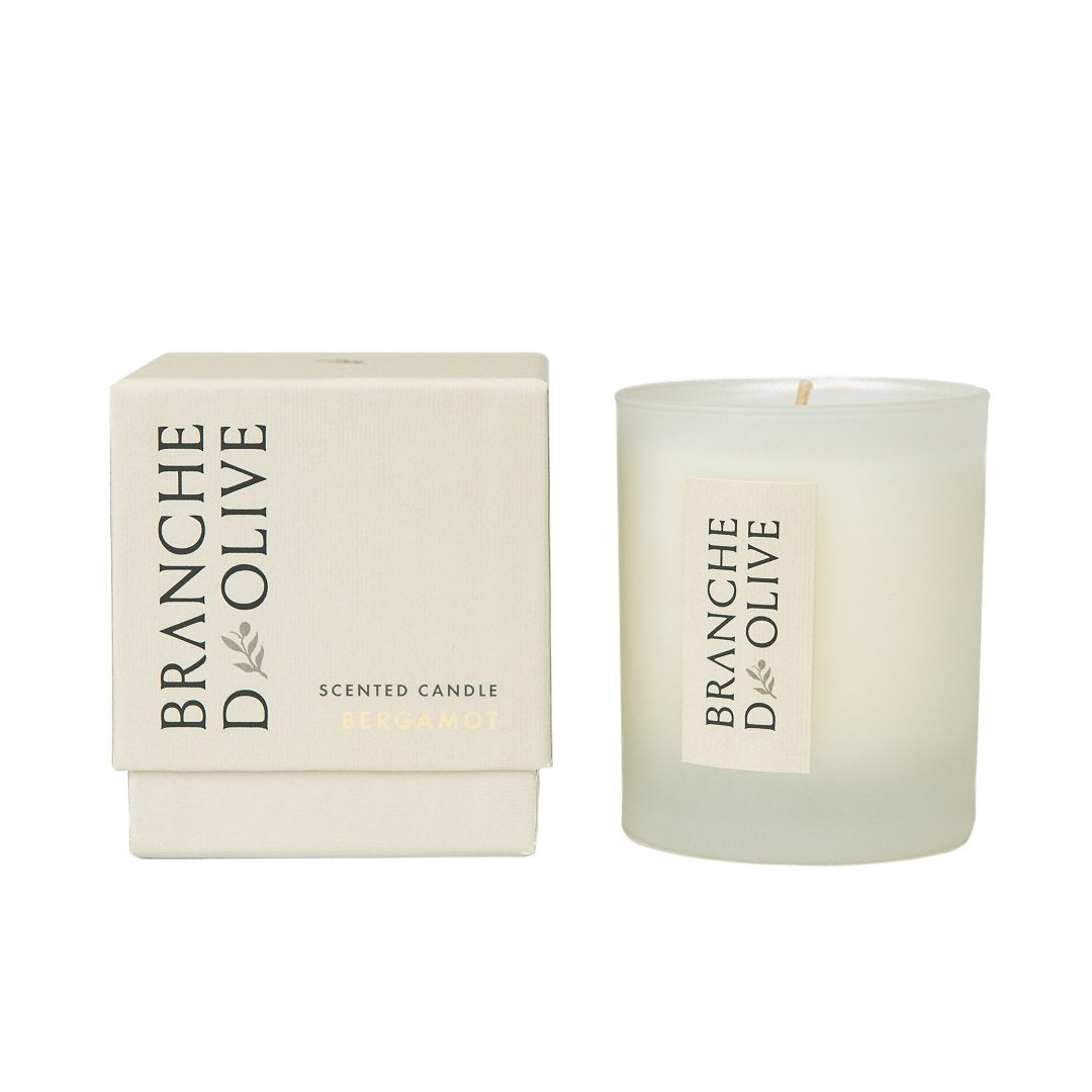 Branche d’Olive Bergamot scented soya candle in frosted glass