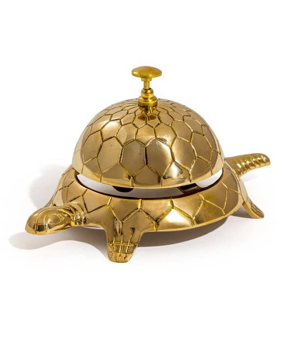 Solid brass tortoise table bell, decorative desk accessory and unique brass home décor accent for consoles, shelves and coffee tables.