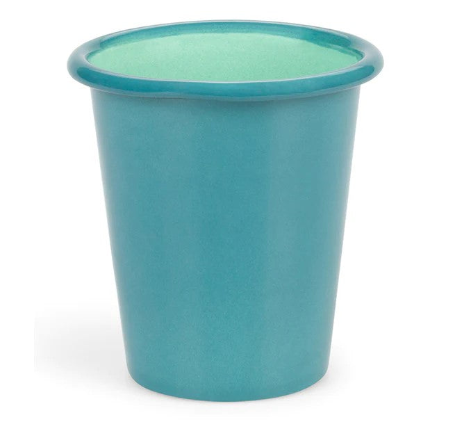 British Colour Standard enamel tumbler in Petrol Blue and Eau De Nil with a glossy vitreous enamel finish for bathroom, kitchen or outdoor use.