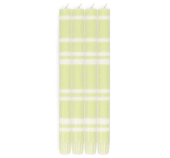British Colour Standard striped dinner candles in Eau De Nil and Pearl, hand-poured vegetable wax taper candles in a pack of four.