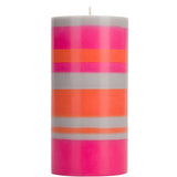 British Colour Standard striped pillar candle in Orange Flame, Willow and Neyron, hand-poured from vegetable wax with a bold contemporary striped design.